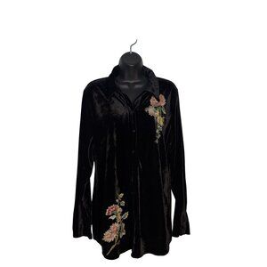 Black Velvet Button-Up Shirt With Floral Embroidery By Paparazzi Size Large